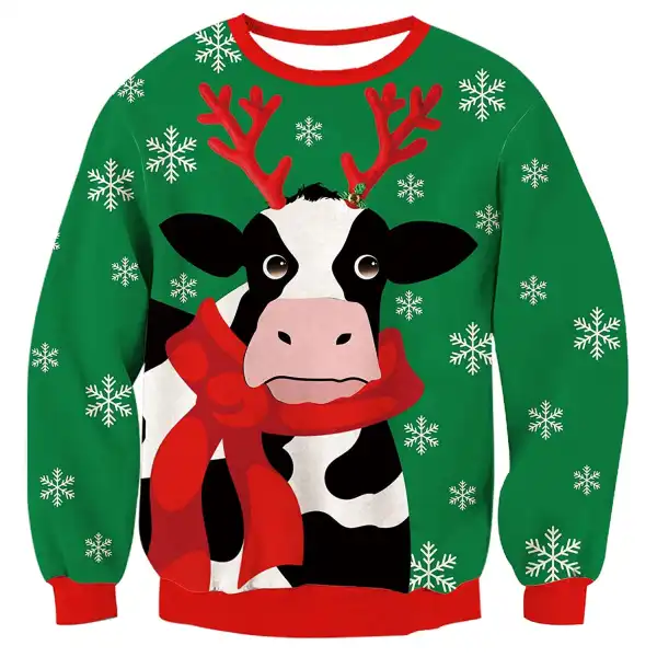 Unisex Milk Cow Print Round Neck Ugly Christmas Sweatshirt - Wayrates.com 