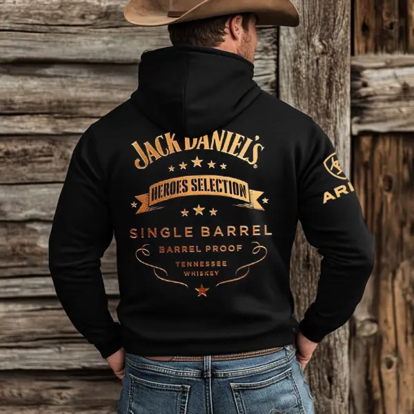 Men's Western Cowboy Outdoor PBR Whiskey Pocket Long Sleeve Black Hoodie - Cotosen.com 