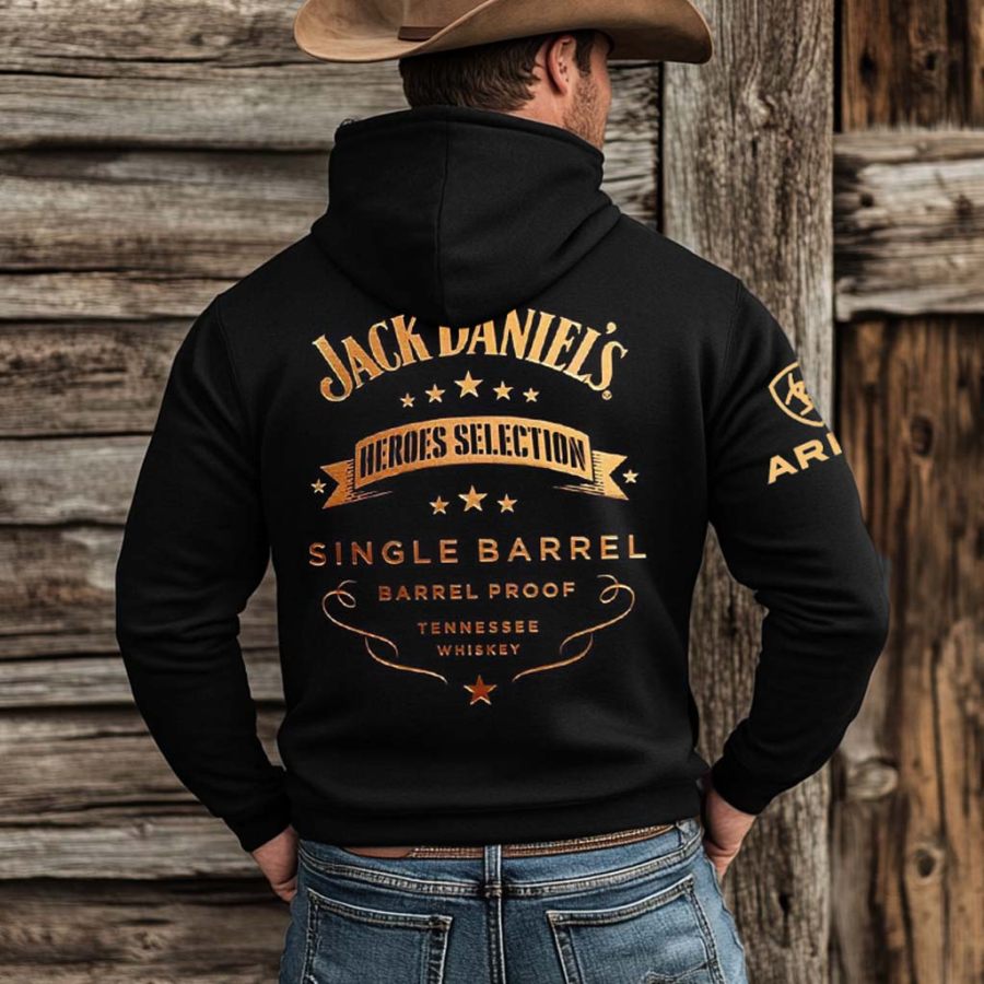 

Men's Western Cowboy Outdoor PBR Whiskey Pocket Long Sleeve Black Hoodie