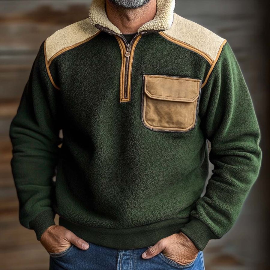 

Men's Vintage Fleece Color Block Stand Collar Quarter Zip Sweatshirt