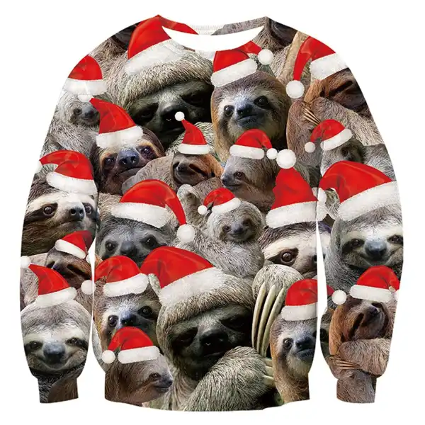 Unisex Sloth Print Ugly Christmas Sweatshirt - Wayrates.com 