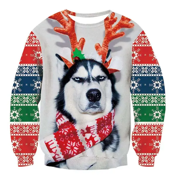 Husky Dog Print Ugly Christmas Sweatshirt - Wayrates.com 
