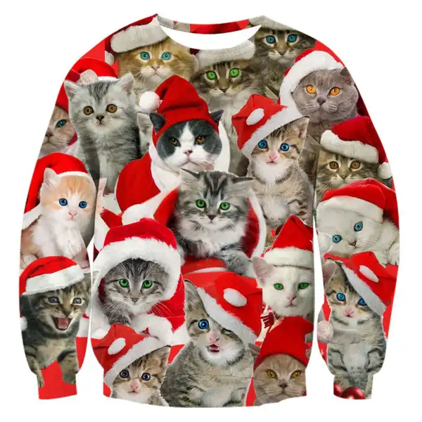 Unisex Cat Print Ugly Christmas Sweatshirt - Wayrates.com 