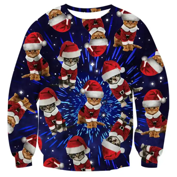 Unisex Space Cat Print Ugly Christmas Sweatshirt - Wayrates.com 