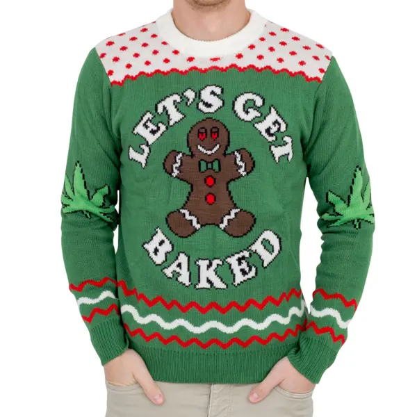Unisex Let's Get Baked Print Crew Neck Gingerbread Man Ugly Christmas Sweatshirt - Wayrates.com 