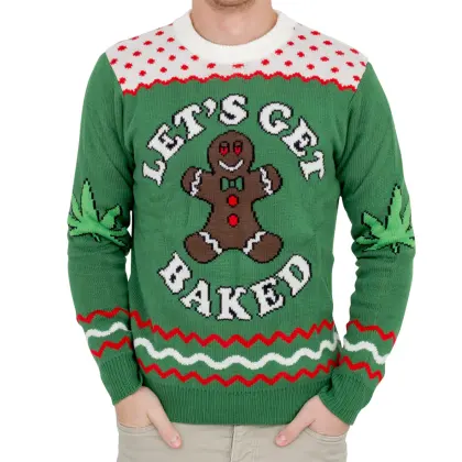 Unisex Let's Get Baked Print Crew Neck Gingerbread Man Ugly Christmas Sweatshirt