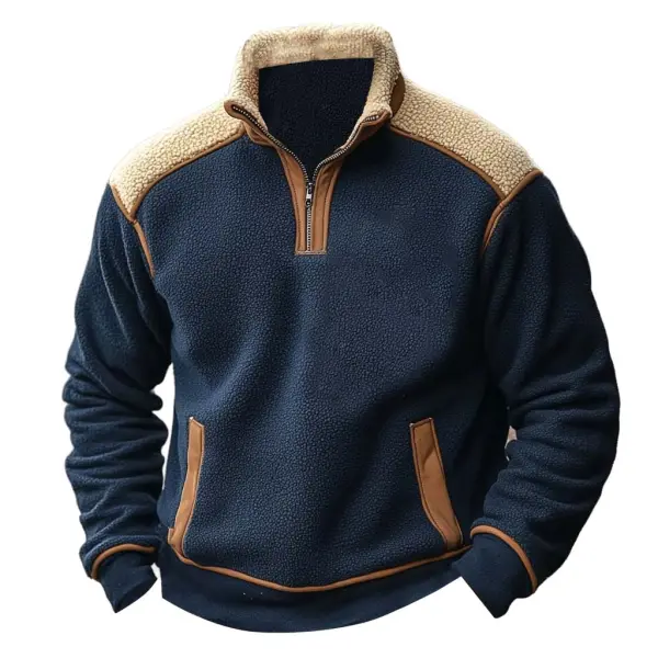 Men's Vintage Fleece Color Block Stand Collar Quarter Zip Sweatshirt - Cotosen.com