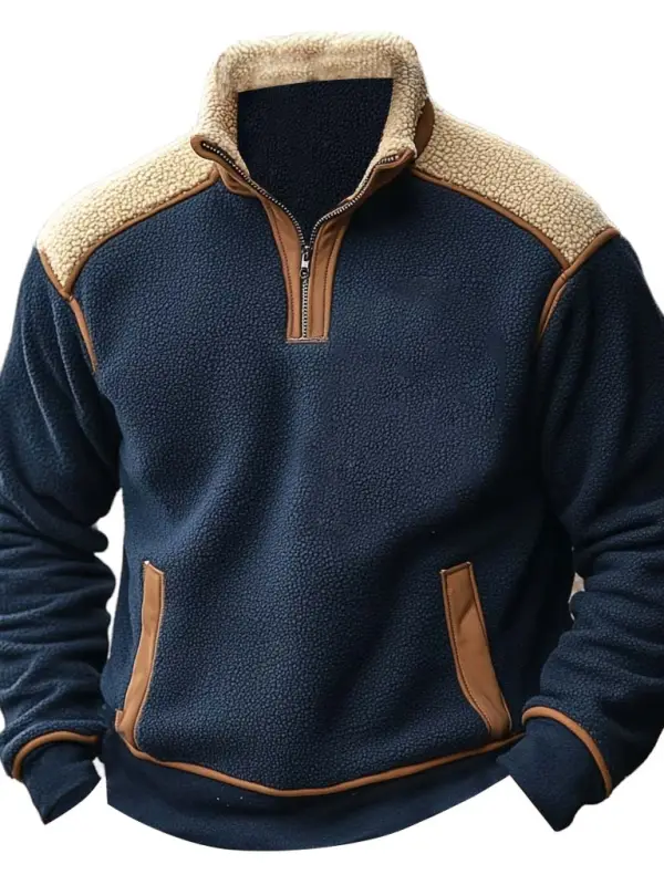 Men's Vintage Fleece Color Block Stand Collar Quarter Zip Sweatshirt - Menbarn.com 