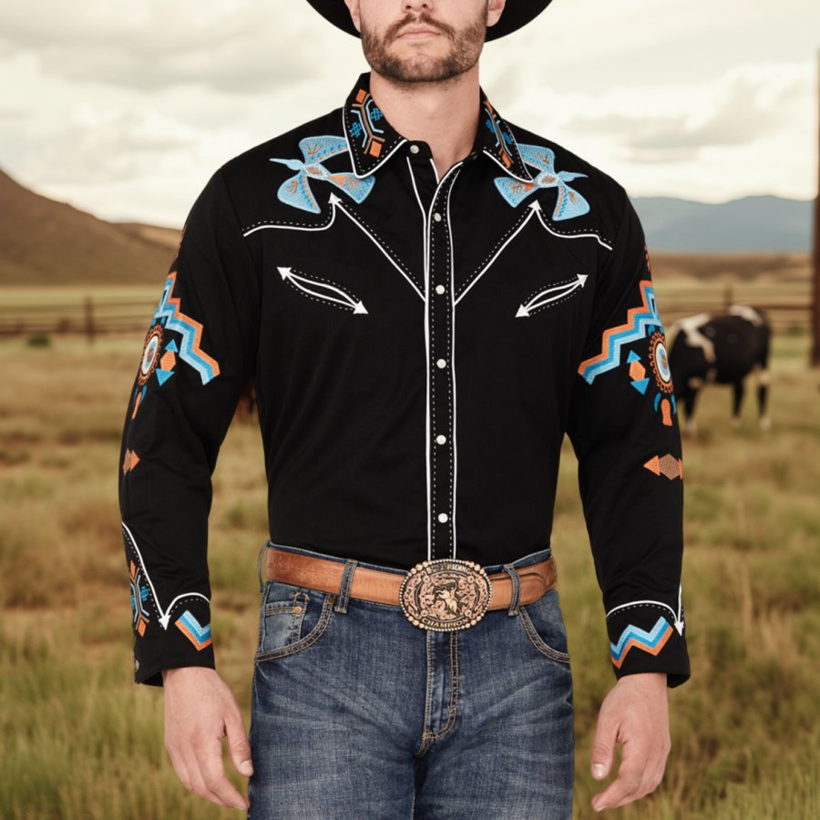 

Men's Western Print Cowboy Outdoor Long Sleeve Rodeo Shirts