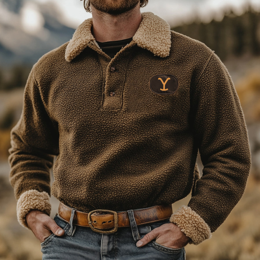 

Men's Yellowstone Vintage Outdoor Cuff Splicing Color Contrasting 1/4 Zipper Lambskin Sweatshirt