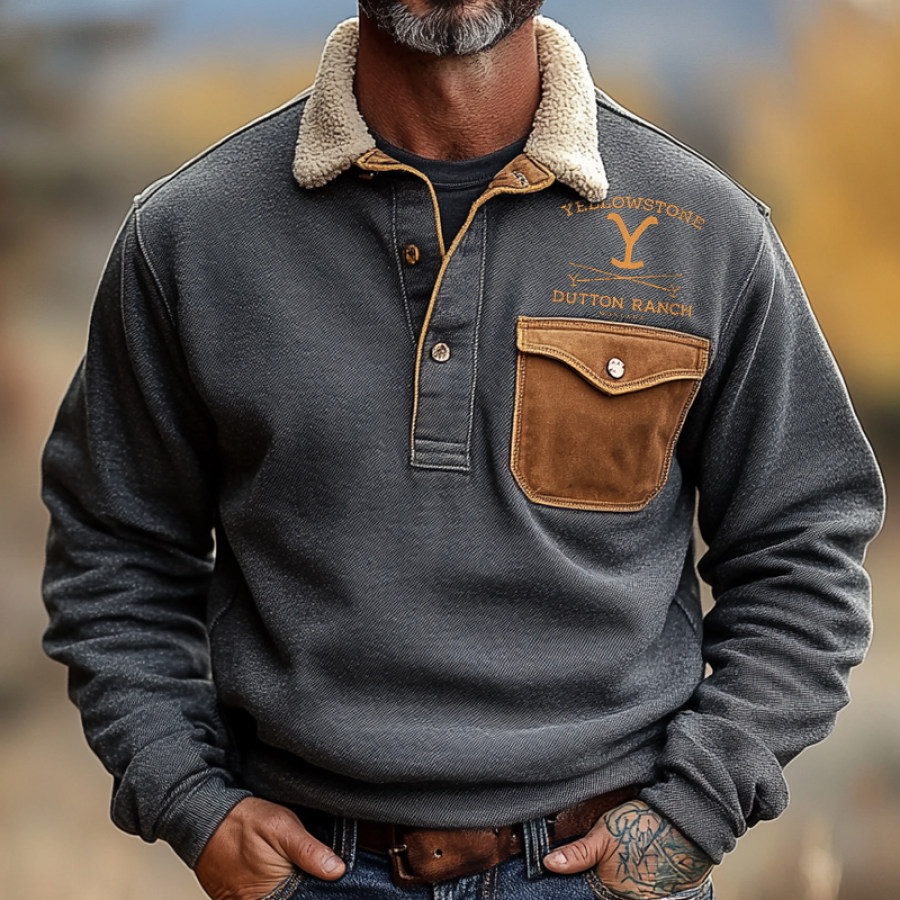 

Men's Yellowstone Vintage Outdoor Splicing Color Contrasting 1/4 Button Sweatshirt