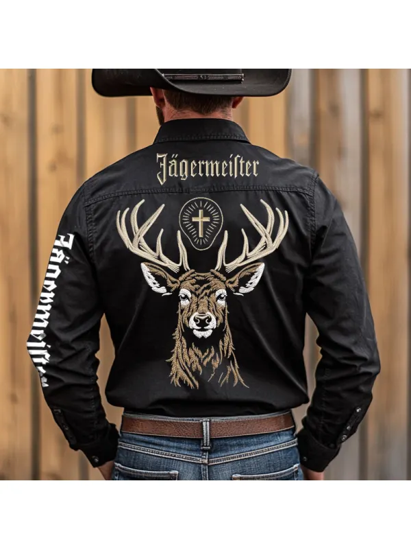 Men's Western Cowboy Outdoor German Beer PBR Teams Rodeo Black Long Sleeved Collar Shirts - Ootdmw.com 