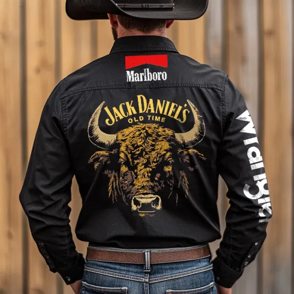 Men's Western Cowboy Outdoor PBR Teams Jack Dennis Black Long Sleeved Collar Shirts - Dozenlive.com 