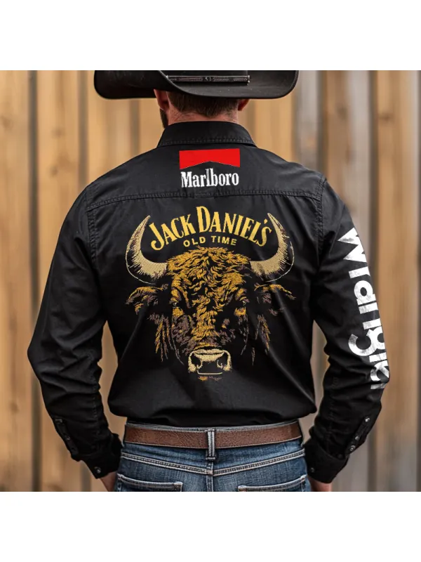 Men's Western Cowboy Outdoor PBR Teams Jack Dennis Black Long Sleeved Collar Shirts - Ootdmw.com 