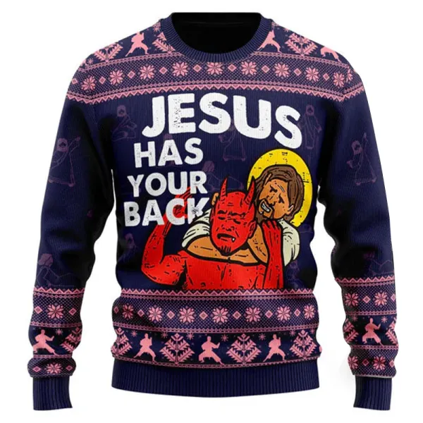 Funny Jesus Has Your Back Ugly Christmas Sweatshirt - Wayrates.com 
