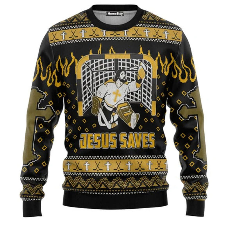 

Hobby Funny Jesus Saves Hockey Ugly Christmas Sweatshirt