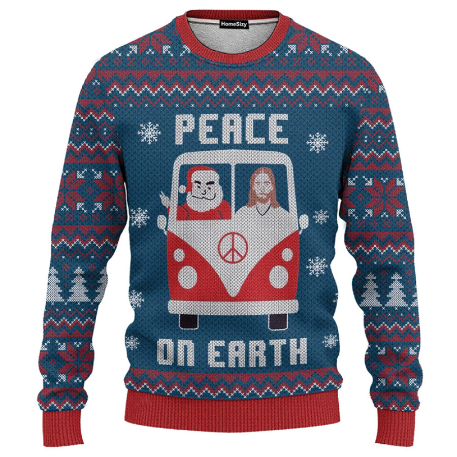 

Hobby Peace On Earth Santa Claus And Jesus In The Car Ugly Christmas Sweatshirt