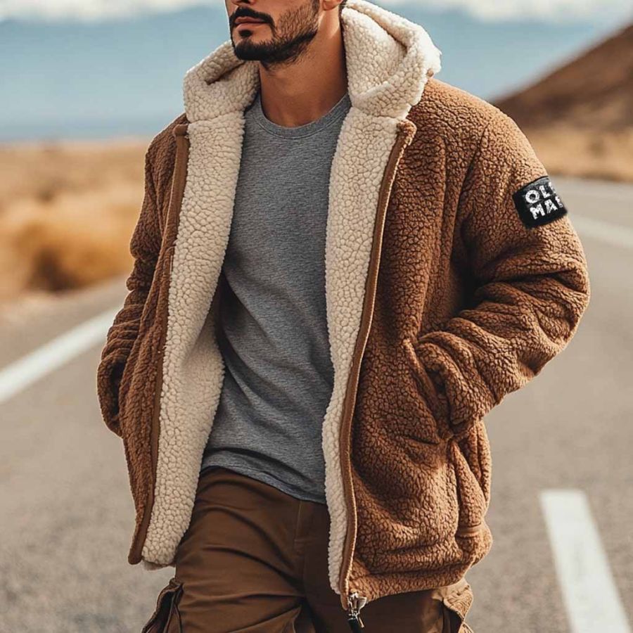

Men's Vintage Old Man Fleece Pocket Outdoor Hooded Zipper Jacket