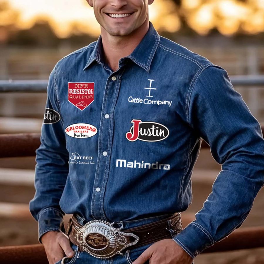 

Men's Western Cowboy Outdoor NFR Long Sleeve Denim Blue Rodeo Shirts