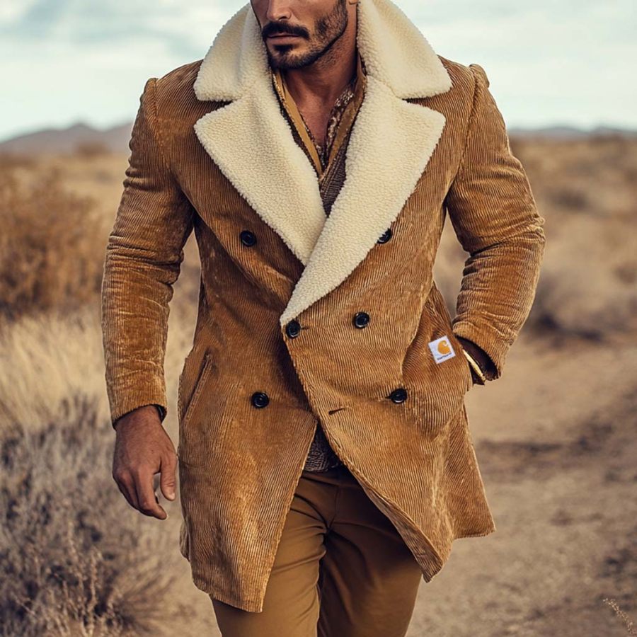 

Men's Vintage Corduroy Fleece Lapel Collar Mid-Length Jacket Coat