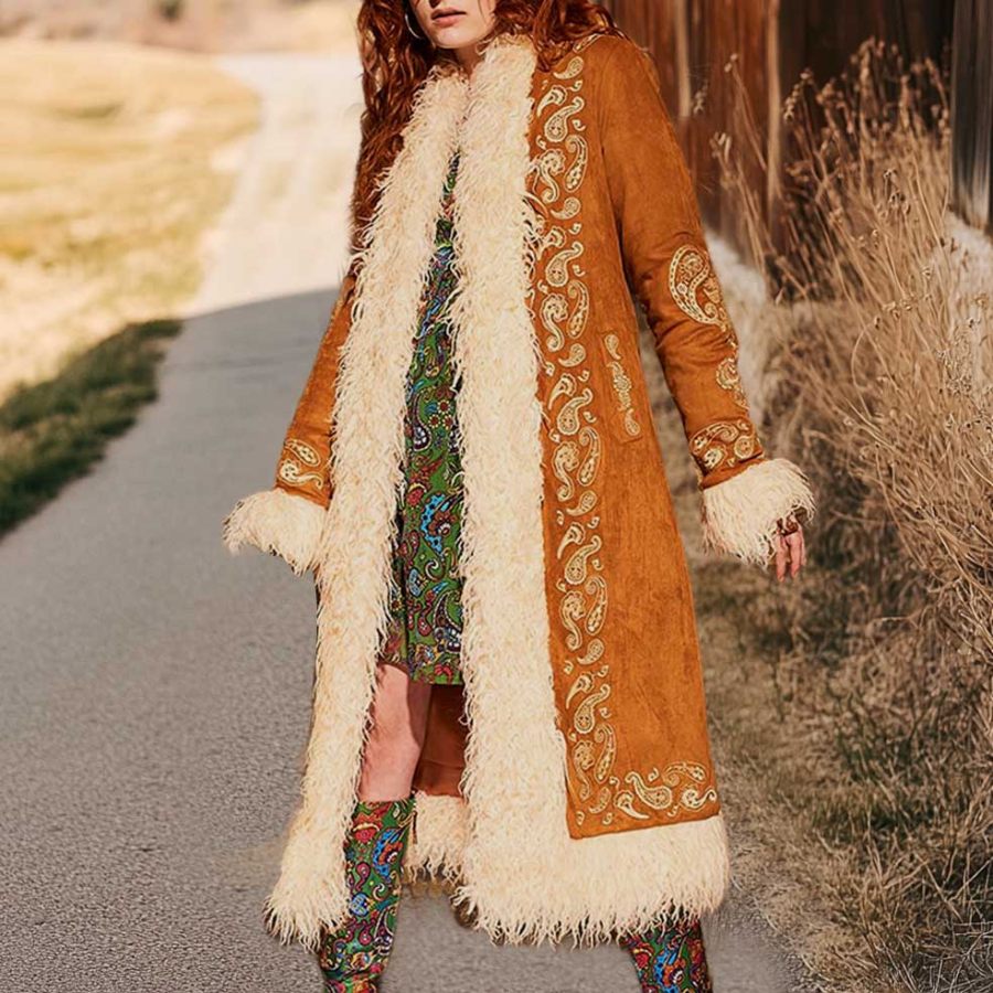 

Women's Vintage Ethnic Paisley Print Fur Splicing Long Penny Lane Jacket Afghan Coat
