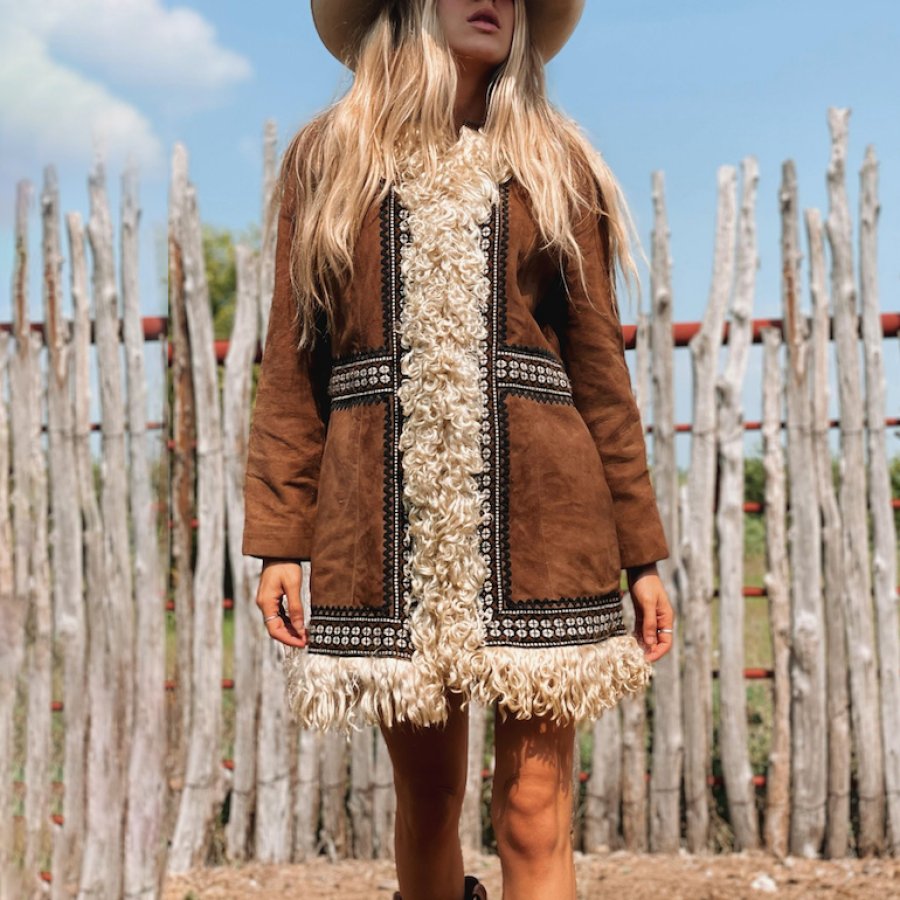 

Women's Vintage Ethnic Geometric Print Fur Splicing Mid-Length Penny Lane Jacket Afghan Coat