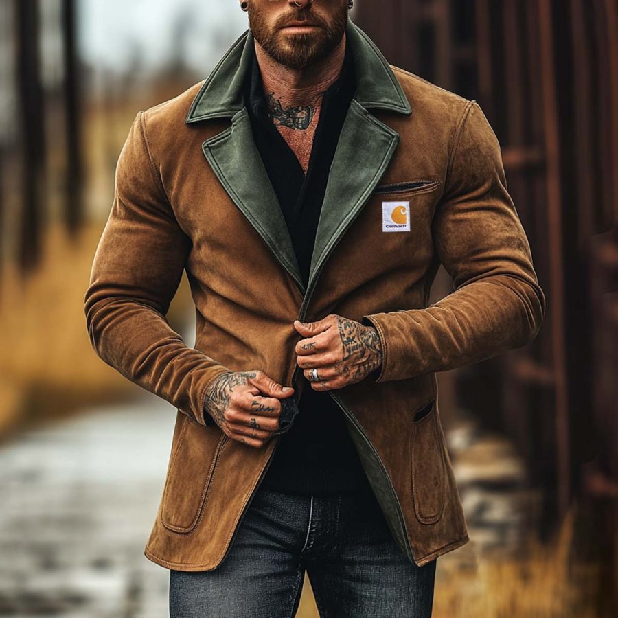 

Men's Vintage Suede Pocket Contrast Color Lapel Collar Outdoor Layer Jacket