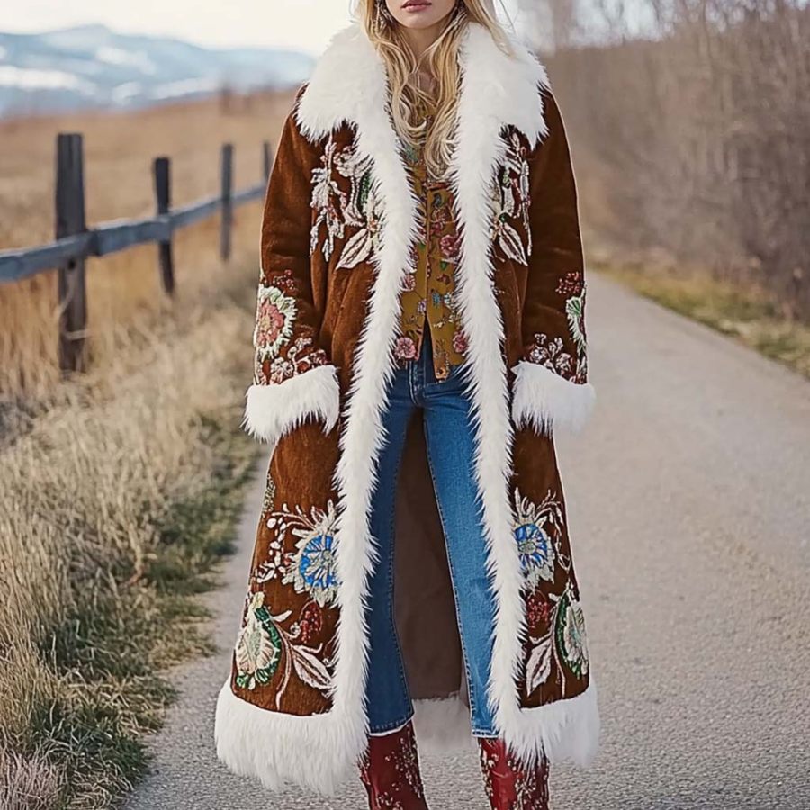 

Women's Vintage Flower Print Fur Splicing Long Penny Lane Jacket Afghan Coat