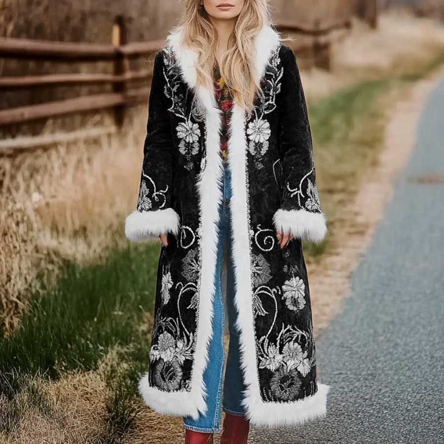 

Women's Vintage Flower Print Fur Splicing Long Penny Lane Jacket Afghan Coat