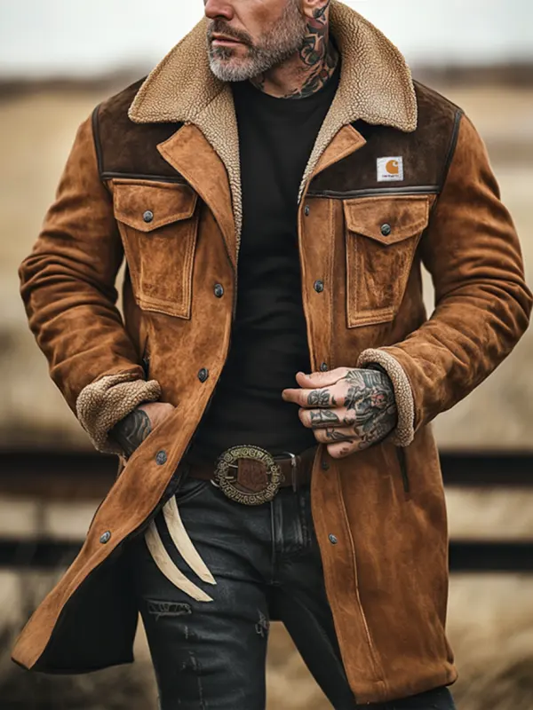 Men's Carhartt Vintage Suede Jacket Patchwork Lamb Fleece Multi-Pocket Reverse Collar Outdoor Coat - Pragmaace.com 