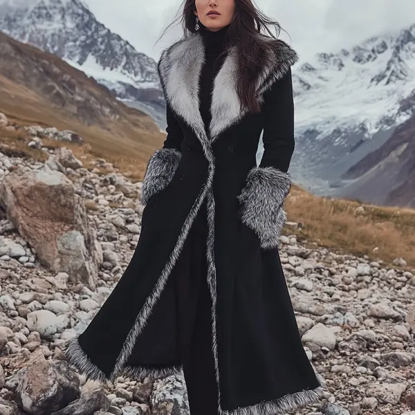 Women's Vintage Ethnic Style Silver Fox Fur Trim Suede Jacket Long Afghan Coat - Menzfolk.com 