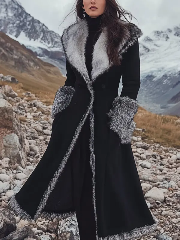 Women's Vintage Ethnic Style Silver Fox Fur Trim Suede Jacket Long Afghan Coat - Pragmaace.com 