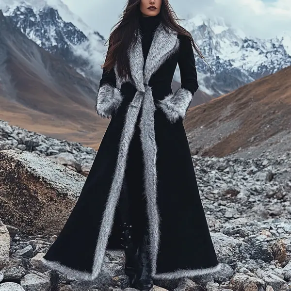 Women's Vintage Black Ethnic Style Silver Fox Fur Trim Suede Jacket Long Afghan Coat - Rabclub.com 