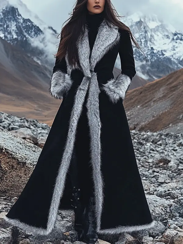 Women's Vintage Black Ethnic Style Silver Fox Fur Trim Suede Jacket Long Afghan Coat - Pragmaace.com 