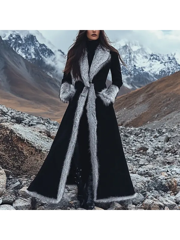 Women's Vintage Black Ethnic Style Silver Fox Fur Trim Suede Jacket Long Afghan Coat - Viewbena.com 