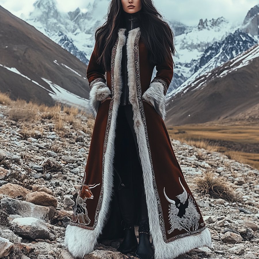 

Women's Vintage Ethnic Style Printed Silver Fox Fur Trim Suede Jacket Long Afghan Coat