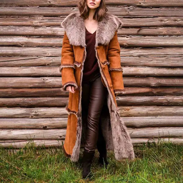 Women's Vintage Suede Fleece Fur Long Shearling Hooded Jacket Afghan Coat - Anurvogel.com 