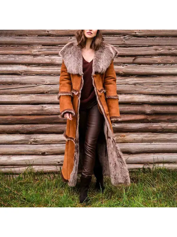 Women's Vintage Suede Fleece Fur Long Shearling Hooded Jacket Afghan Coat - Cominbuy.com 