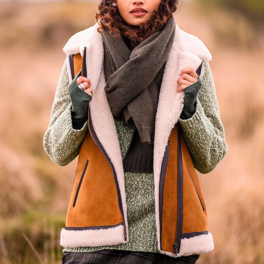 

Women's Vintage Suede Spliced ​​Leather Fur Collar Shearling Vest