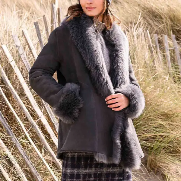 Women's Vintage Suede Fleece Fur Lapel Shearling Coat Sherpa Lined Jacket - Wayrates.com 