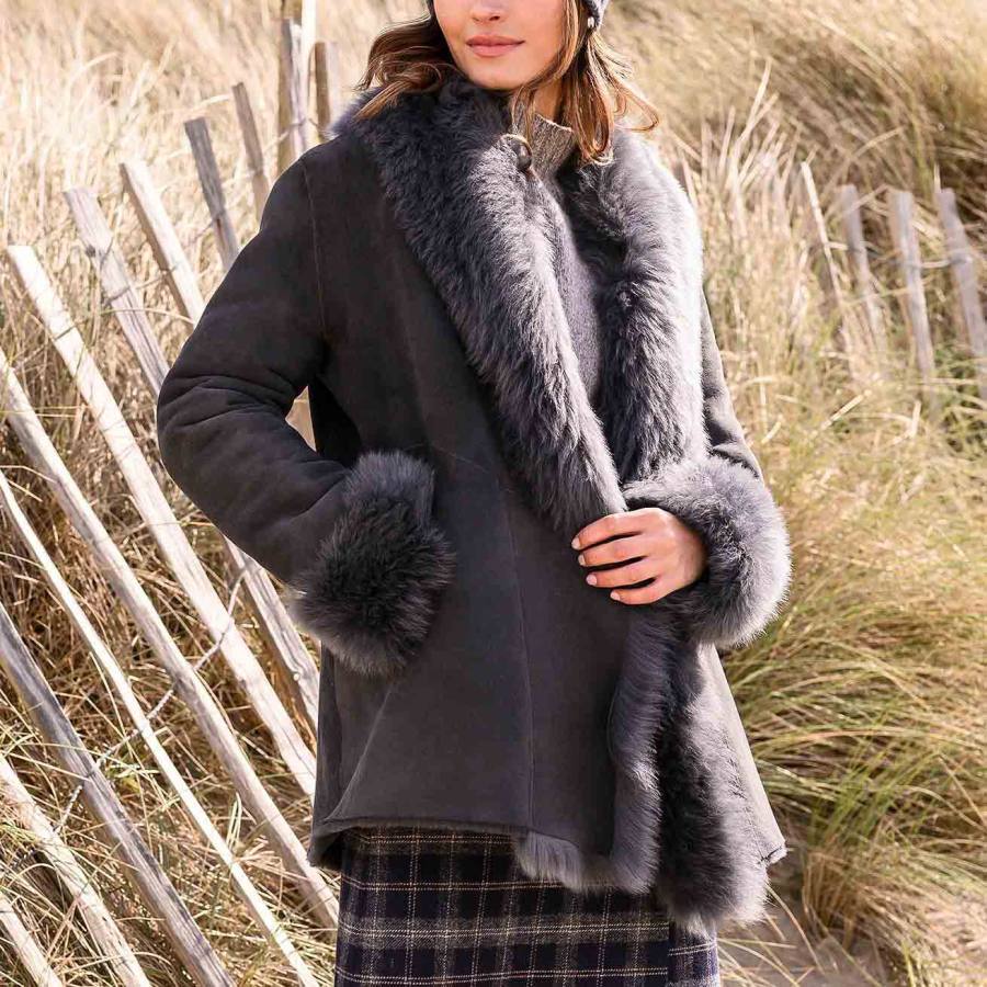 

Women's Vintage Suede Fleece Fur Lapel Shearling Coat Sherpa Lined Jacket