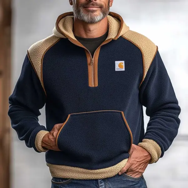 Men's Vintage Fleece Color Block Half-Zip Long Sleeve Hoodie - Dozenlive.com 