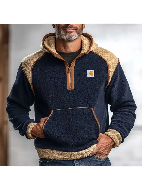 Men's Vintage Fleece Color Block Half-Zip Long Sleeve Hoodie - Anrider.com 