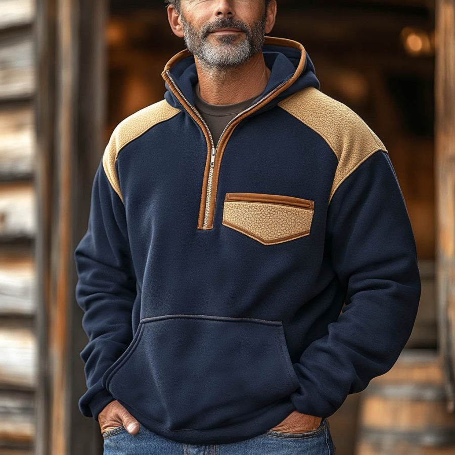 

Men's Vintage Fleece Color Block Half-Zip Long Sleeve Hoodie