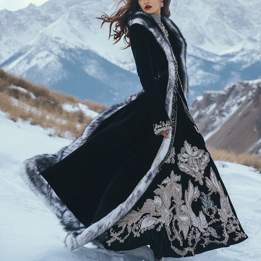 

Women's Vintage Black Ethnic Bohemian Style Silver Fox Fur Trim Suede Jacket Long Afghan Coat