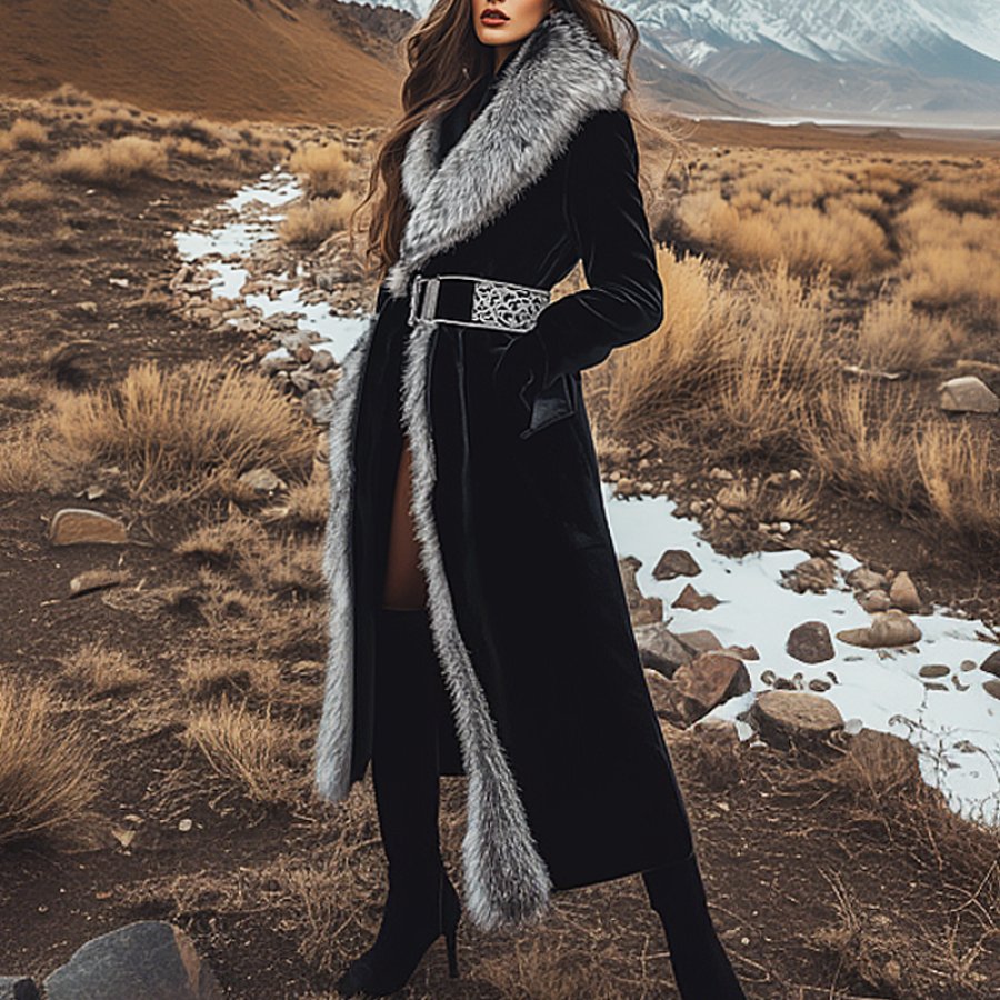 

Women's Vintage Black Ethnic Bohemian Style Silver Fox Fur Trim Suede Jacket Long Black Afghan Coat
