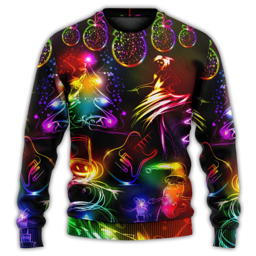 

Dancing Santa Claus Tree Snow Man Neon Light Style Ugly Christmas Sweatshirt