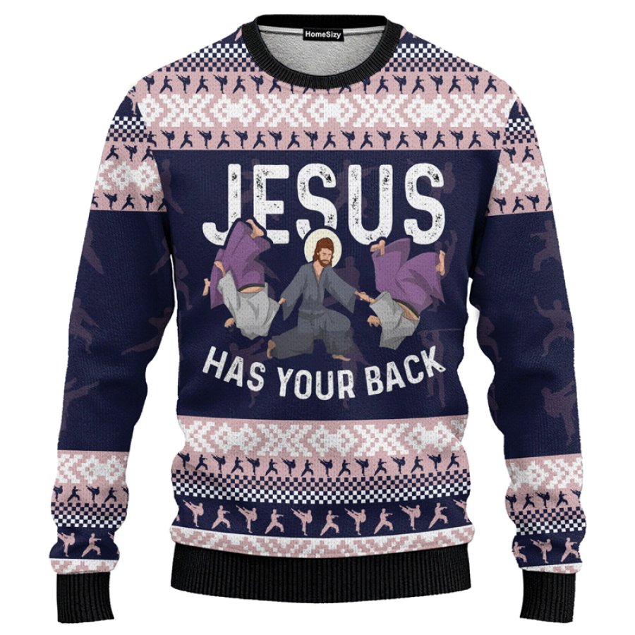 

Funny Jesus Has Your Back Jiu Jitsu Ugly Christmas Sweatshirt