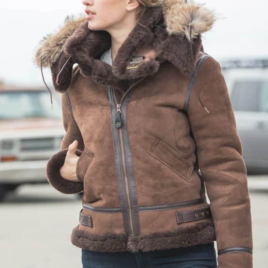 

Women's Lamb Wool Spliced Hooded Pilot Jacket