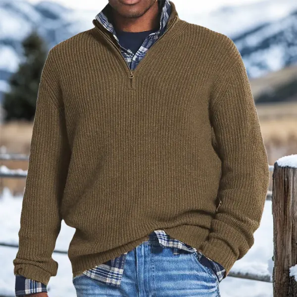 Men's Retro Quarter Zip Collar Western Style Knitted Sweater Pullover - Mobivivi.com 